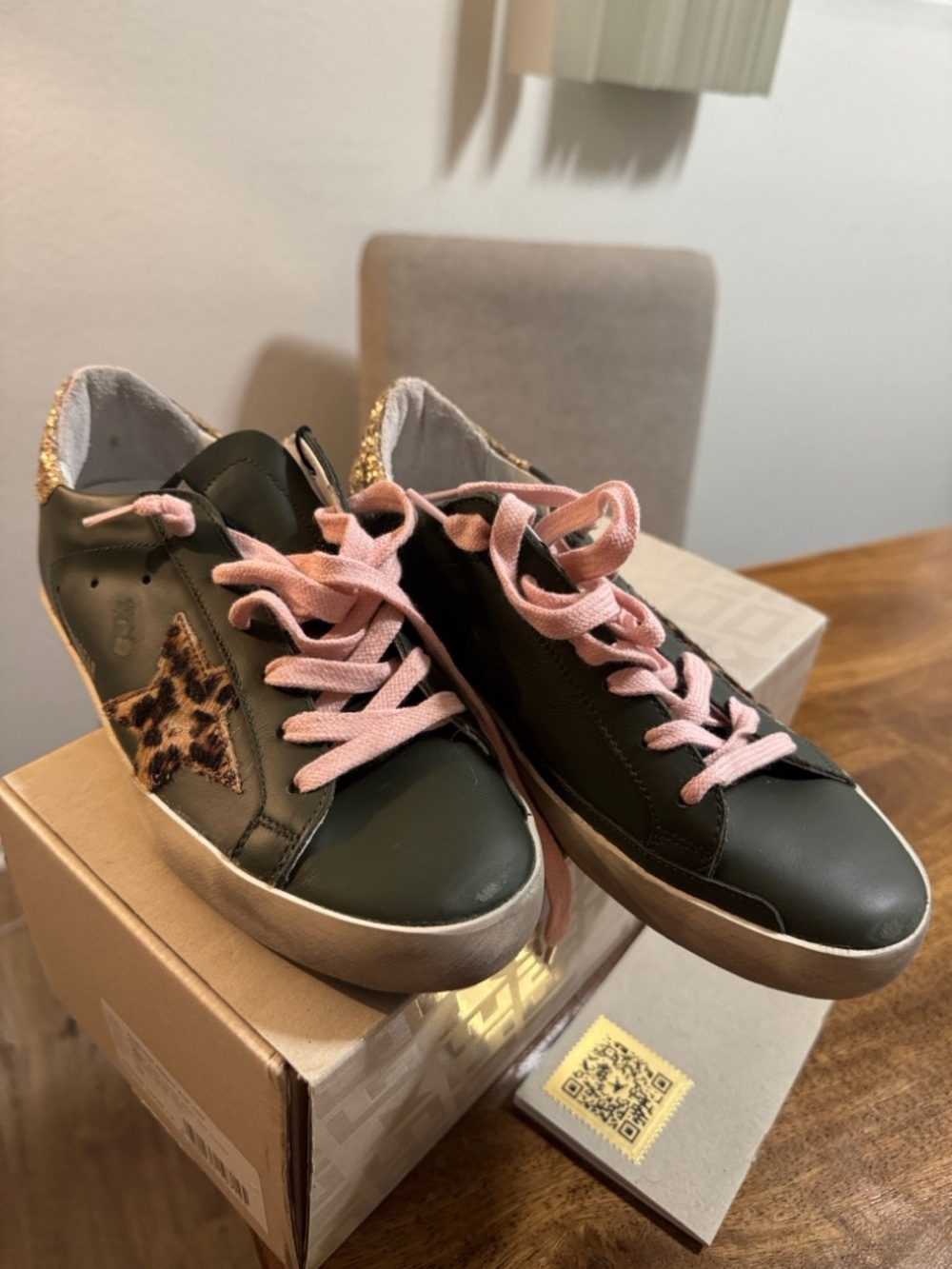 Golden Goose Olive Green Low-Top Sneakers with Pink Laces and Leopard Star